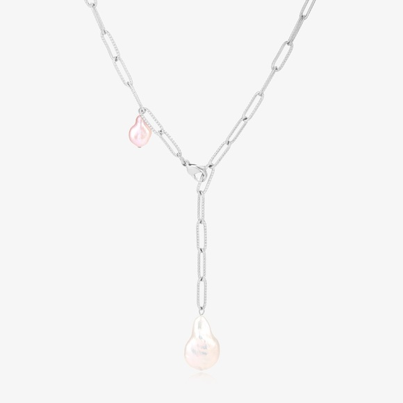 20'' Medium Size Paperclip Chain Necklace With Baroque Pearl Necklace - Picture 2 of 4